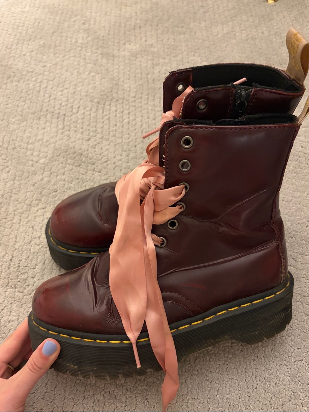 Red Platform Dr. Martens Boots with Pink Satin Laces - Women's